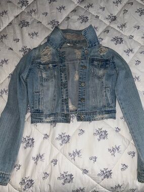 Cropped Light Blue Distressed Denim Jacket